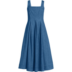 Women's Pleated Square Neck Light Weight Denim Midi Dress