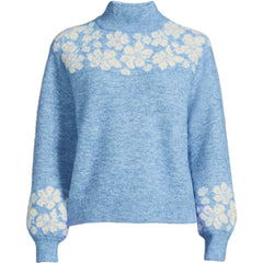 Women's Fuzzy Turtleneck Lantern Sleeve Jacquard Sweater