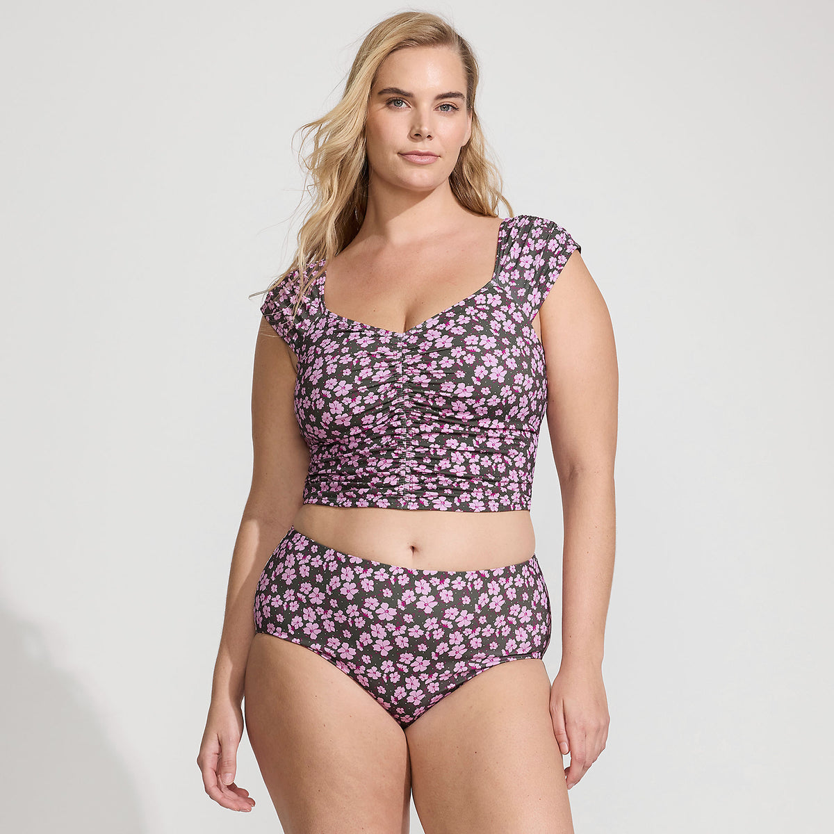 Women's Plus Size Ruched Cap Sleeve Midkini Top