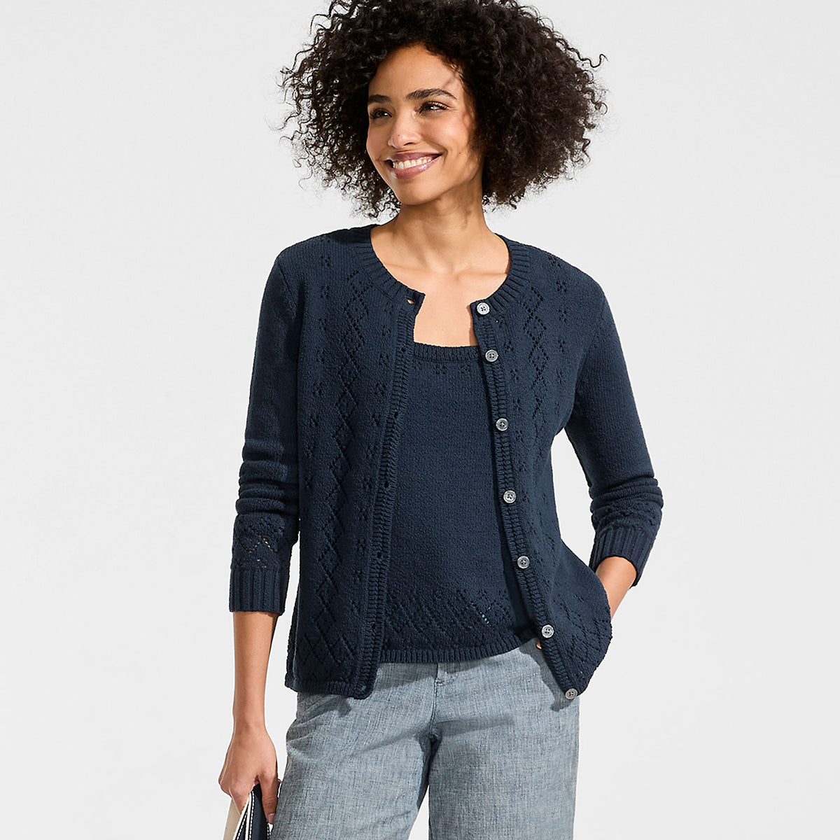 Women's Pointelle Crew Neck Cardigan Sweater