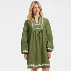 Women's Petite Embroidered Above the Knee Tie Neck Dress