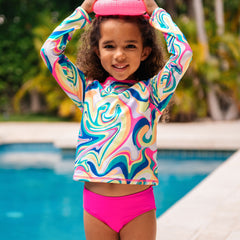 Girls Plus Chlorine Resistant Long Sleeve Rash Guard Bikini 3 Piece Swimsuit Set