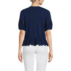Women's Elbow Sleeve Slub Lace Trim Adjustable Hem Top