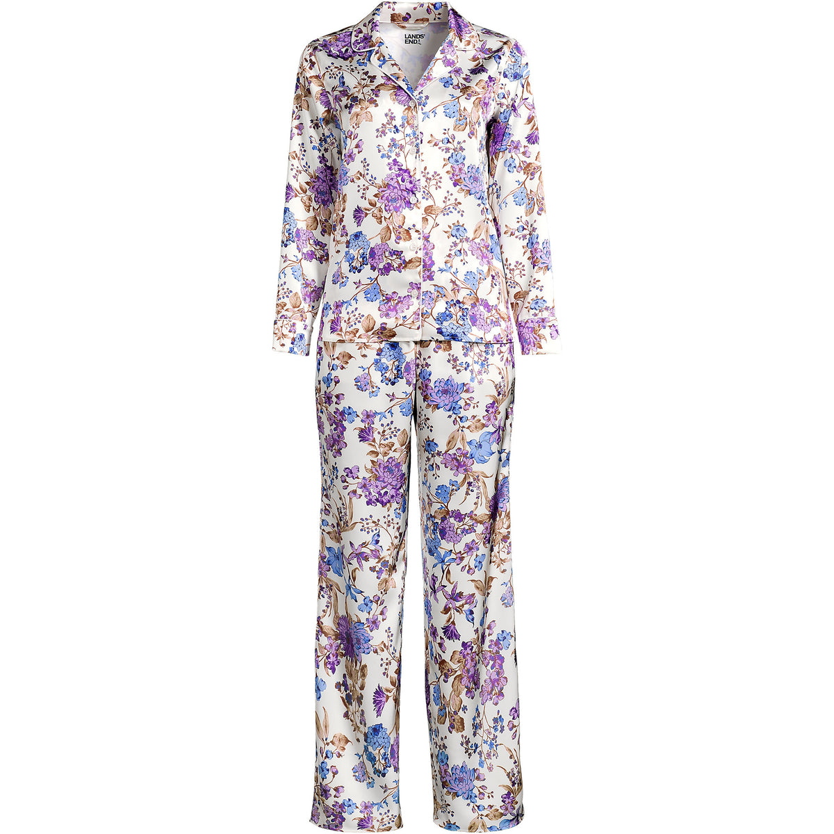 Women's Petite Satin 2 Piece Pajama Set - Long Sleeve Top and Wide Leg Pants