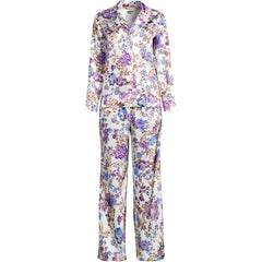 Women's Petite Satin 2 Piece Pajama Set - Long Sleeve Top and Wide Leg Pants