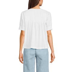 Women's Poplin Elbow Sleeve Pintuck Button Front Top