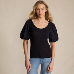 Women's Petite Drapey Rib Puff Sleeve Scoop Neck Top