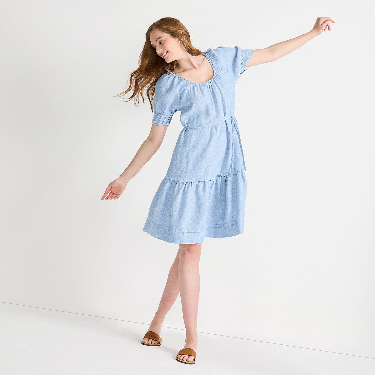 Women's Puff Sleeve Pleated Linen Knee Length Dress