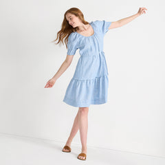 Women's Petite Puff Sleeve Pleated Linen Knee Length Dress