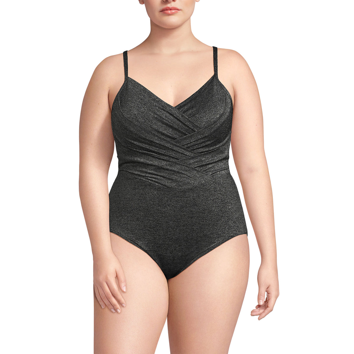 Women's Plus Size Slender Suit Shine Pleated Tummy Control Chlorine Resistant One Piece Swimsuit