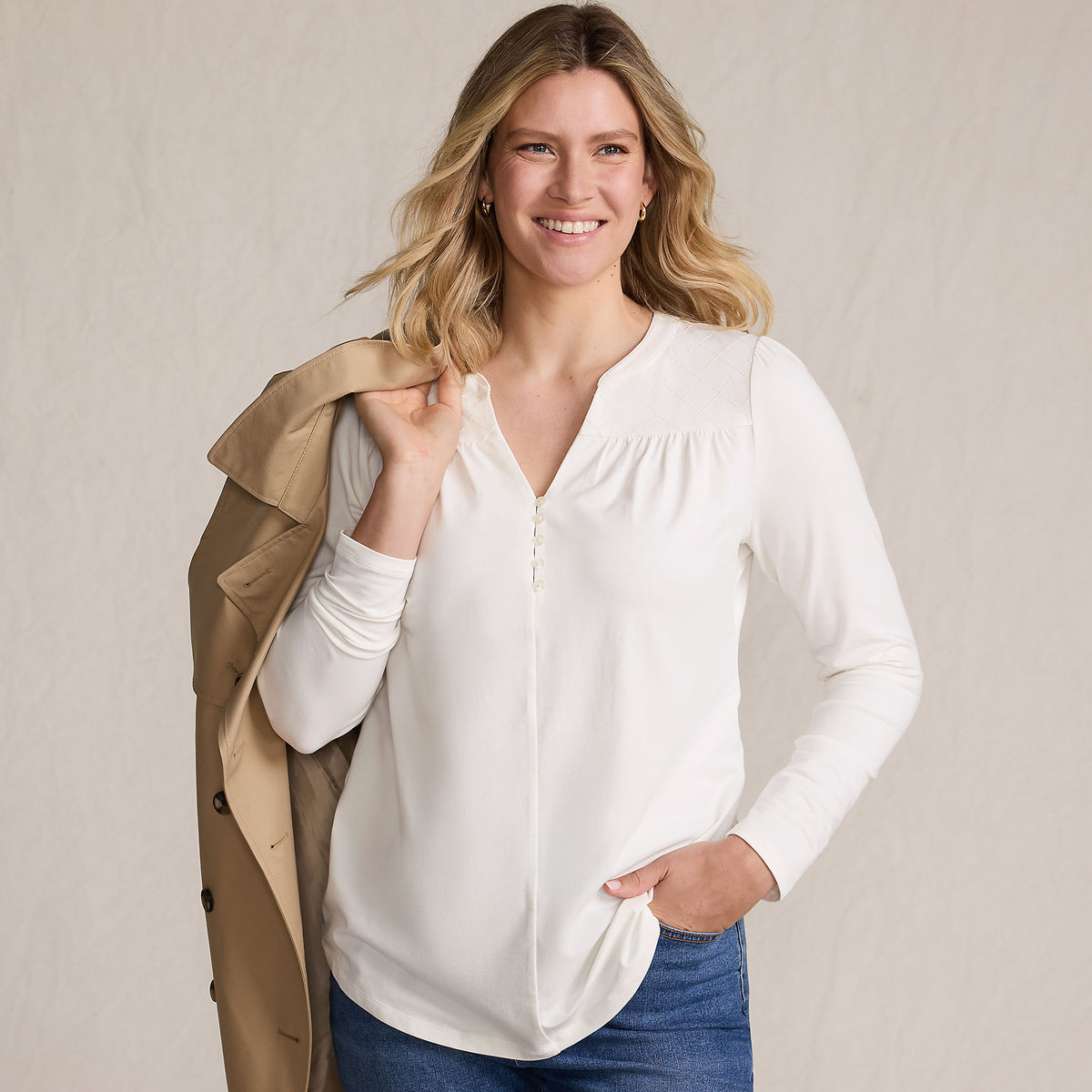 Women's Long Sleeve Lightweight Jersey Notch Neck Tunic Top