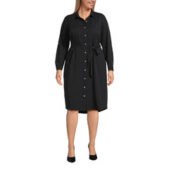 Women's Plus Size Long Sleeve Twill Below Knee Belted Shirt Dress