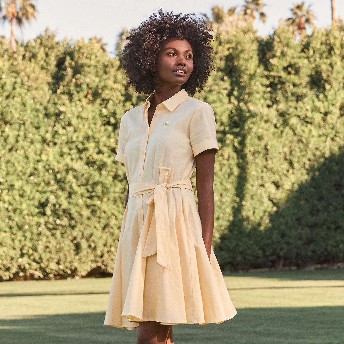 Women's Linen Blend Button Front Dress with Godets