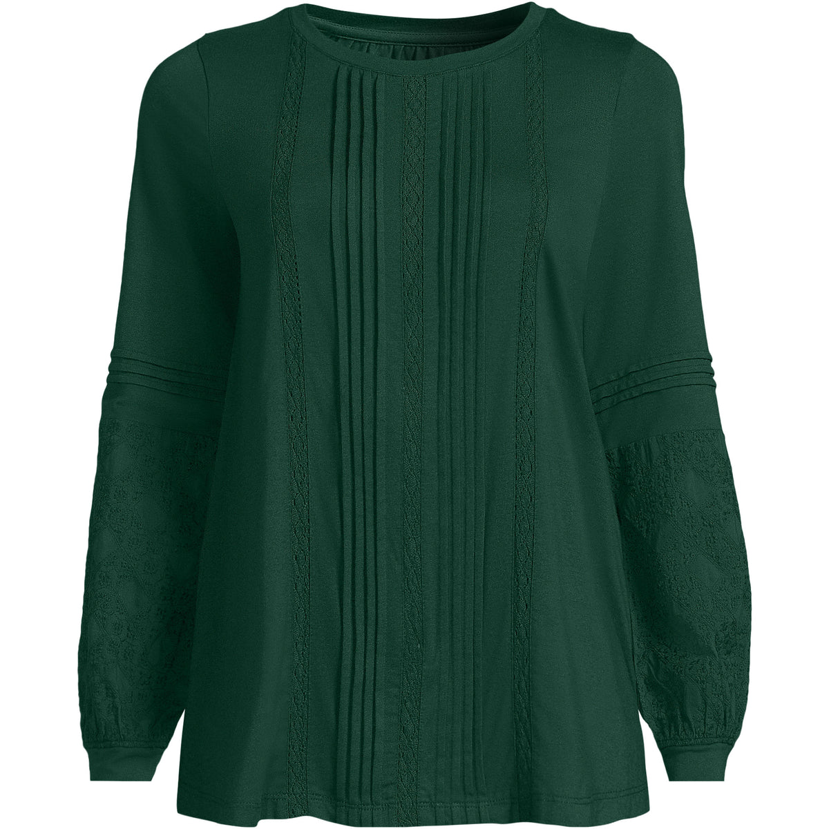 Women's Petite Lightweight Jersey Lace Mix Long Sleeve Pintuck Top