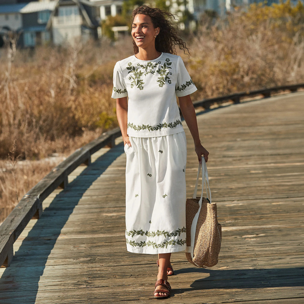Women's Petite Poplin Smocked Embroidered High Rise Midi Skirt