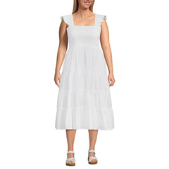 Women's Plus Size Cotton Dobby Smocked Dress with Ruffle Straps
