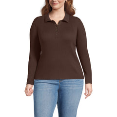 Women's Plus Size Cotton Ribbed Long Sleeve Polo Sweater