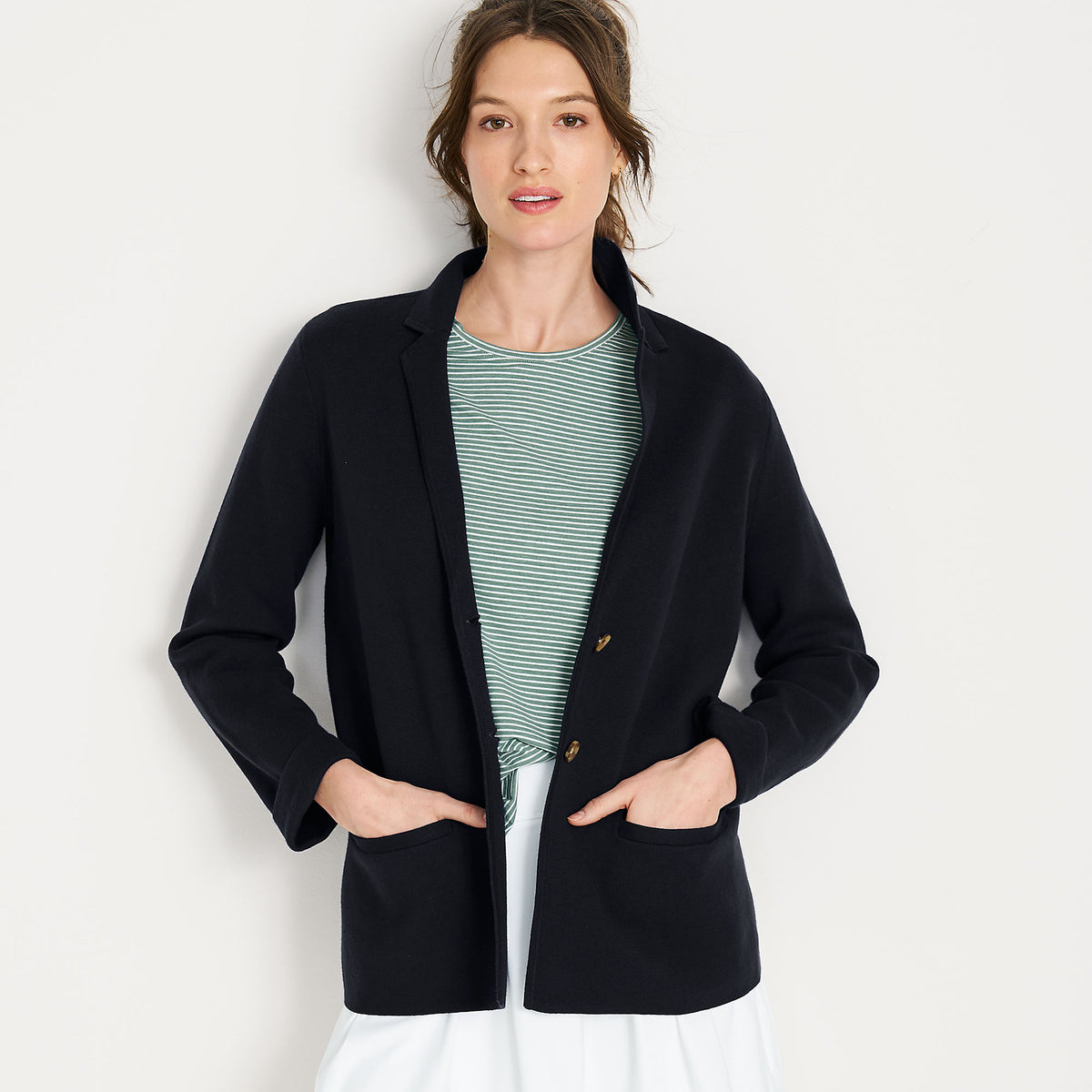 Women's Fine Gauge Cotton Button Front Blazer Sweater
