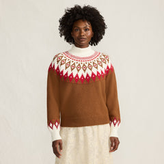 Women's Fuzzy Turtleneck Lantern Sleeve Jacquard Sweater