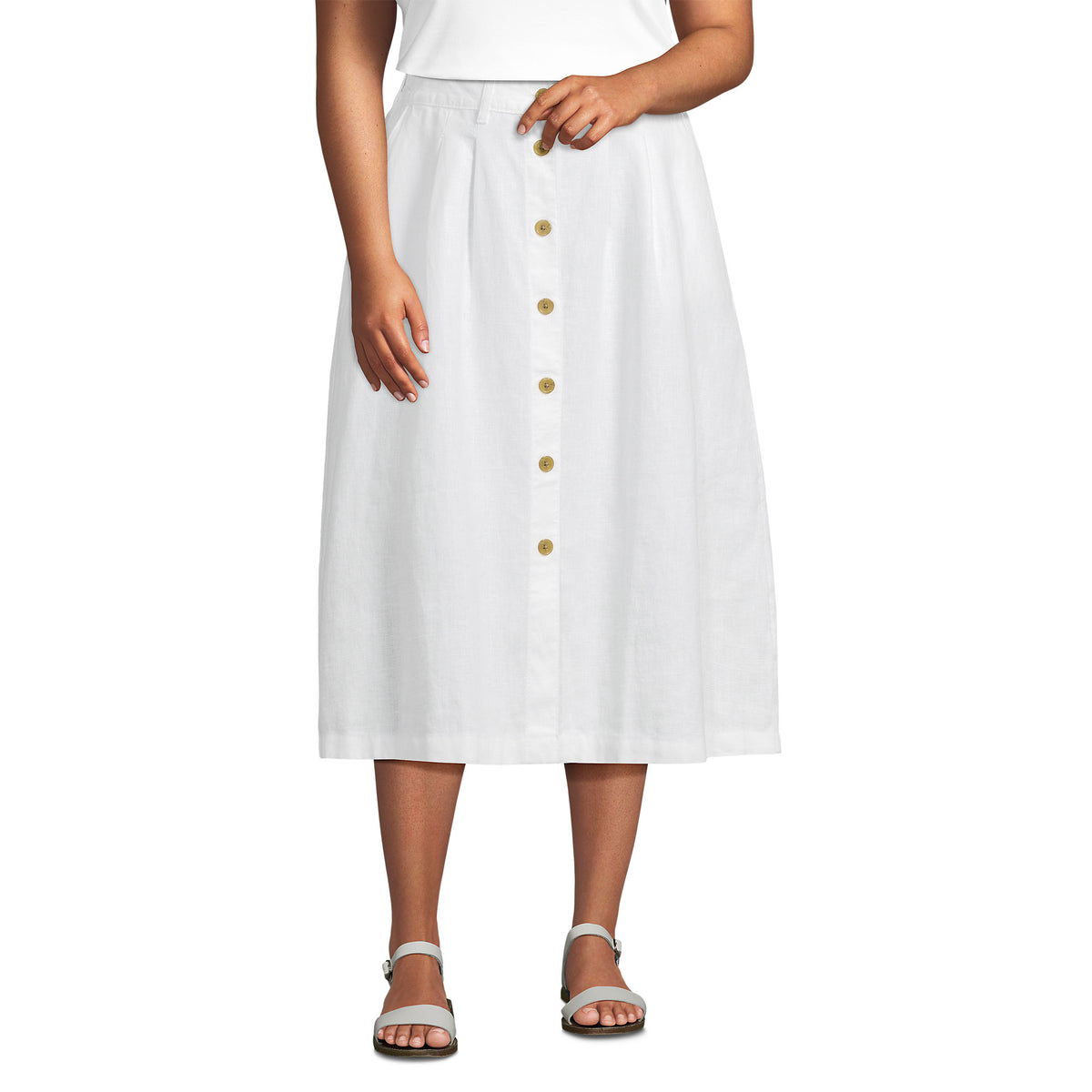 Women's Plus Size Button Front Linen Midi Skirt