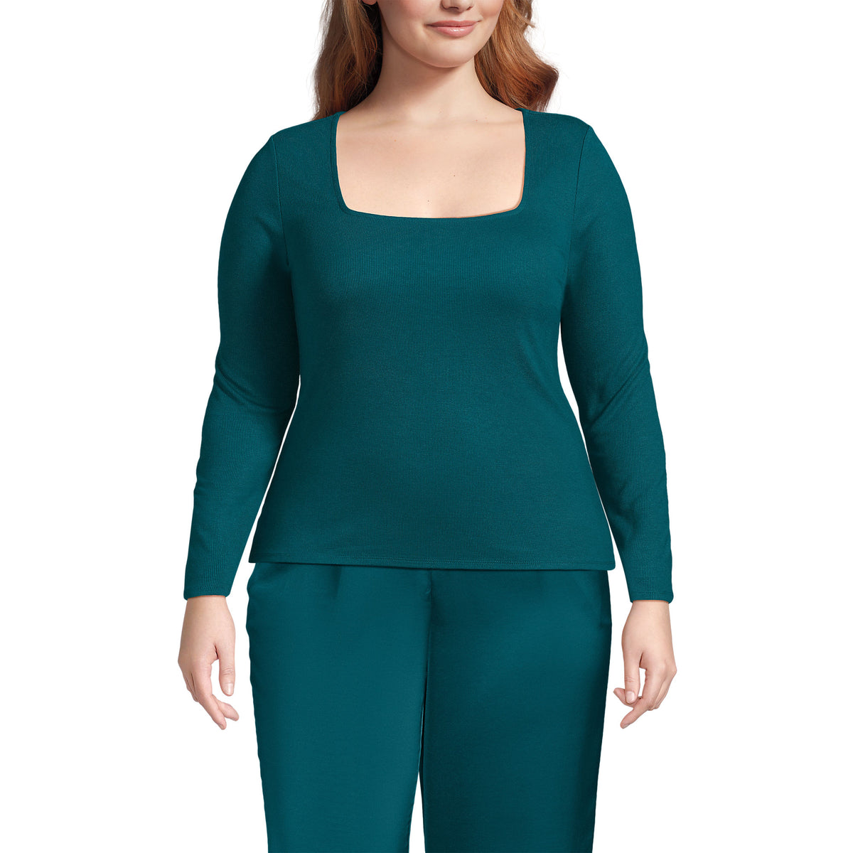 Women's Plus Size Long Sleeve Rib Square Neck Tee