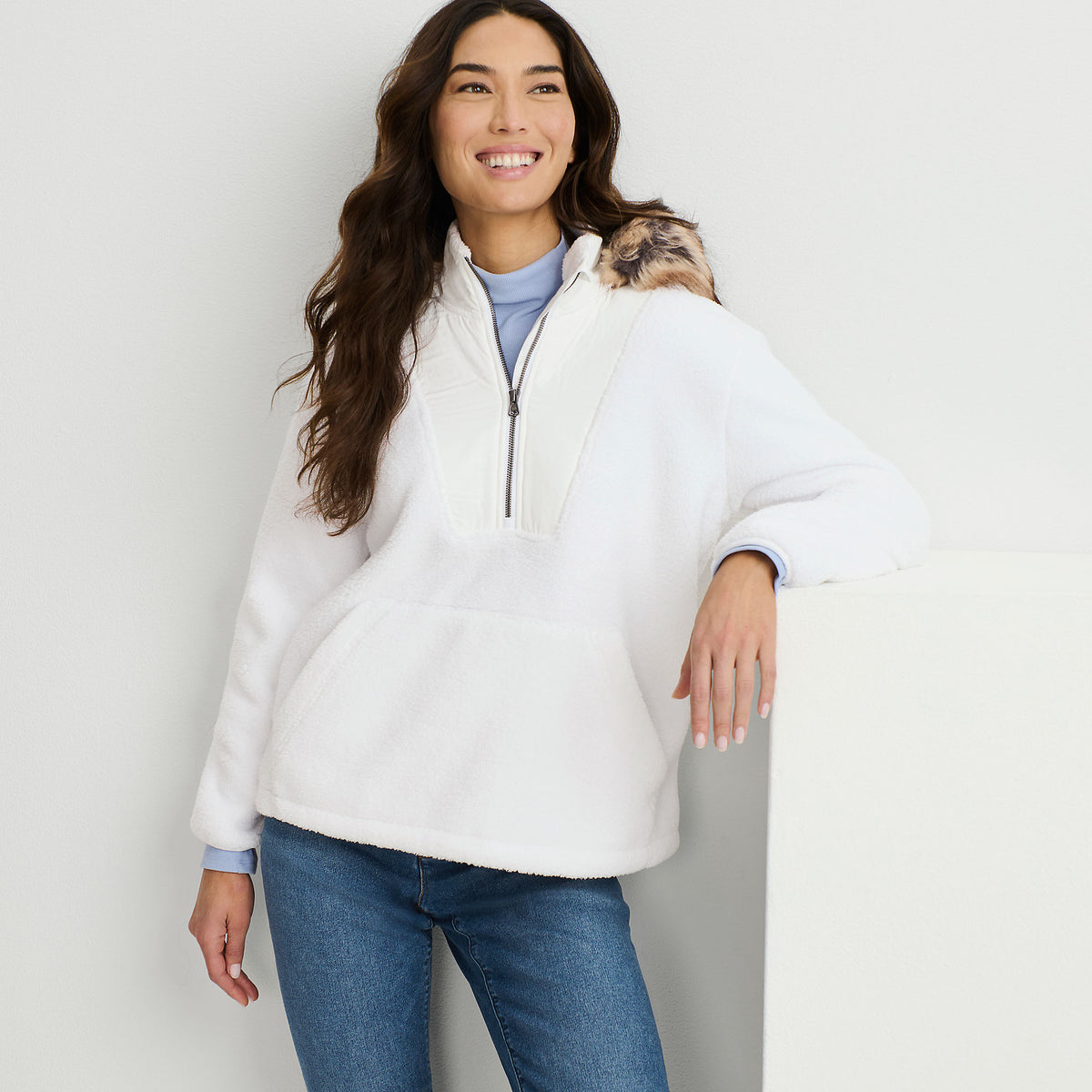 Women's Hooded Half Zip Faux Fur Sherpa Fleece Pullover