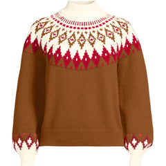 Women's Fuzzy Turtleneck Lantern Sleeve Jacquard Sweater