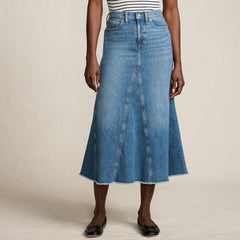 Women's Petite Soft Denim Godet Midi Skirt