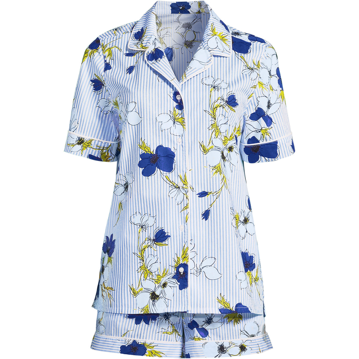 Women's Cotton Poplin 2 Piece Pajama Set - Short Sleeve Top and Shorts