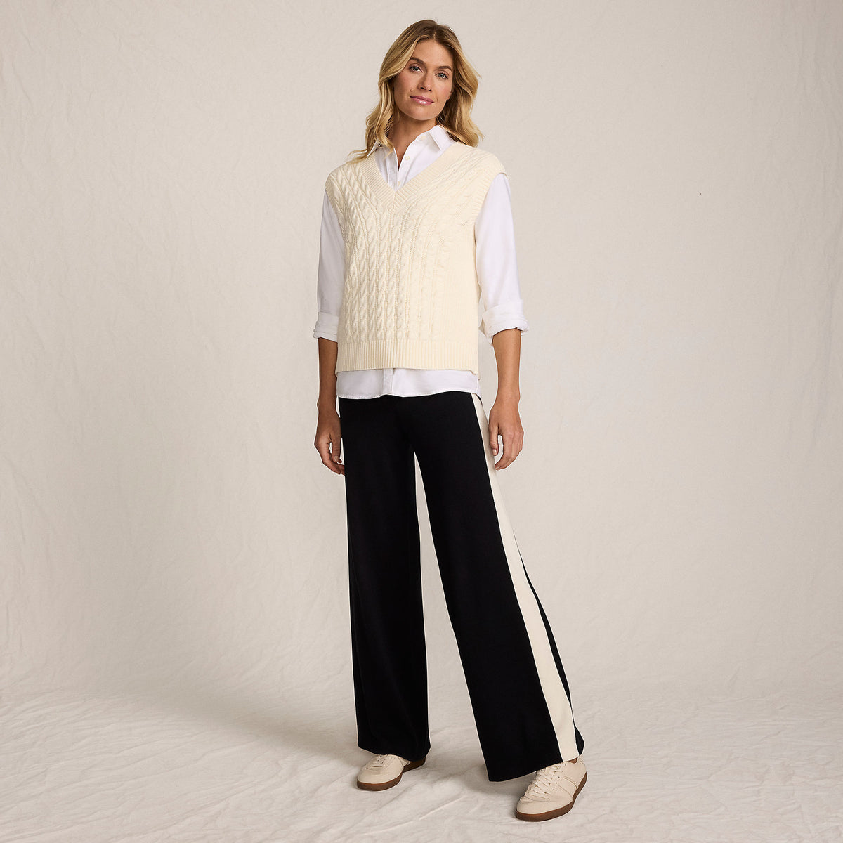 Women's Fine Gauge Cotton Side Stripe Wide Leg Sweater Pants