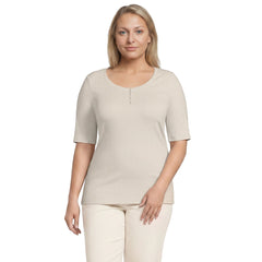 Women's Plus Size Elbow Sleeve Variegated Micro Rib Scoop Neck Henley