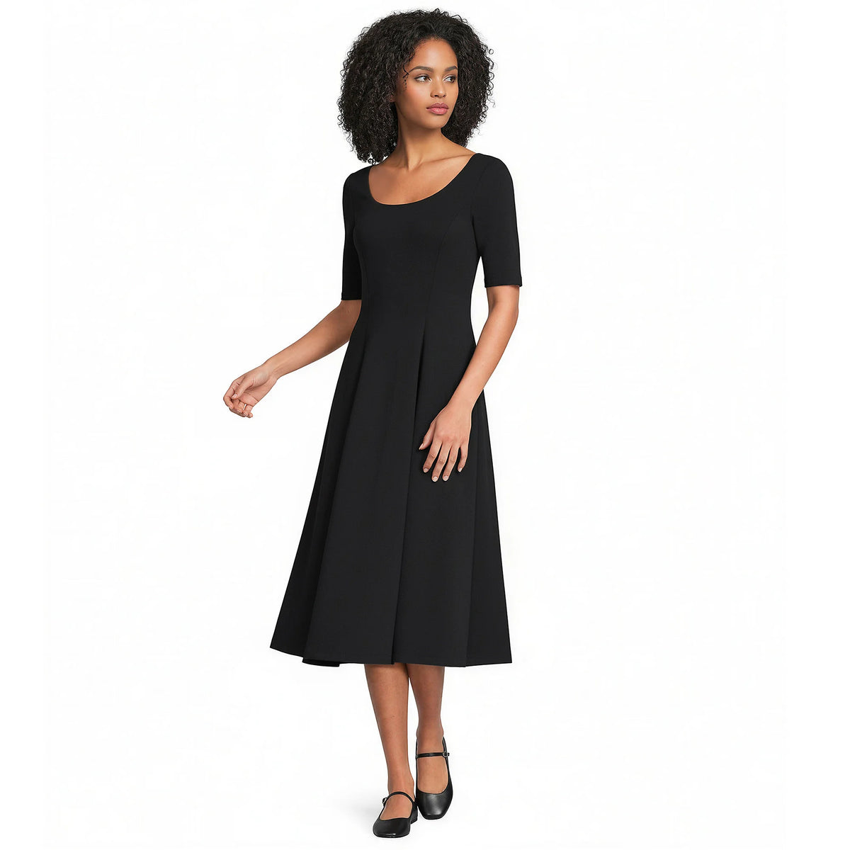 Women's Petite Starfish Elbow Sleeve Midi Fit and Flare Dress