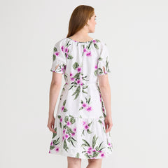 Women's Puff Sleeve Pleated Linen Knee Length Dress
