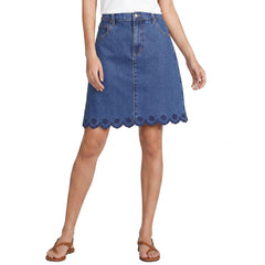Women's Soft Denim 5 Pocket Above the Knee Skirt with Embroidered Hem