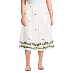 Women's Plus Size Poplin Smocked Embroidered High Rise Midi Skirt