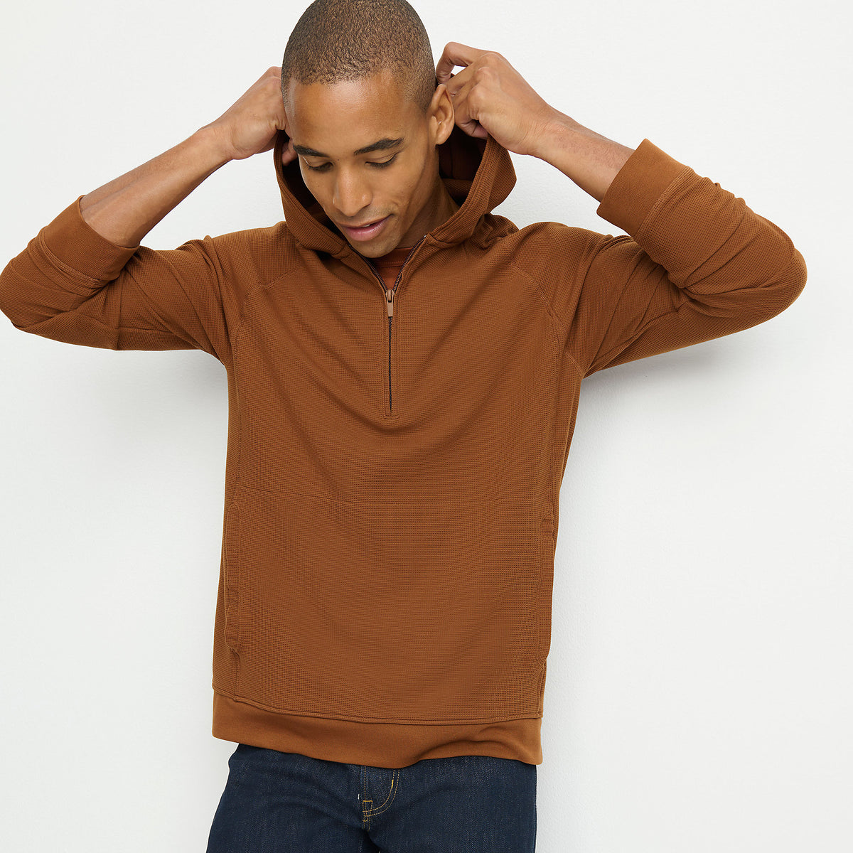 Men's Long Sleeve Waffle Quarter Zip Hoodie