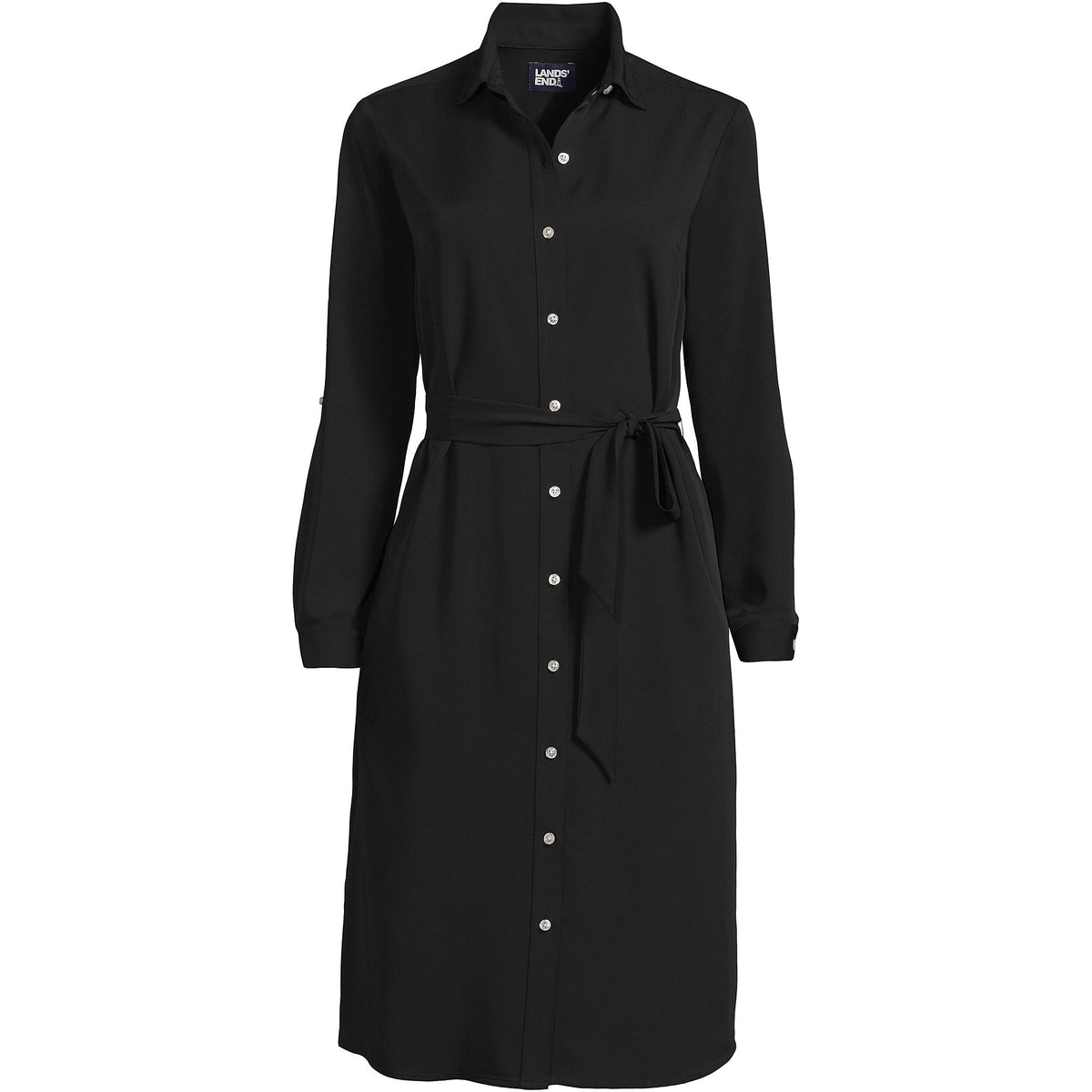 Women's Plus Size Long Sleeve Twill Below Knee Belted Shirt Dress