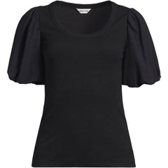 Women's Petite Drapey Rib Puff Sleeve Scoop Neck Top