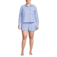 Women's Plus Size Cotton Poplin 2 Piece Pajama Set - Long Sleeve Top and Shorts with Piping