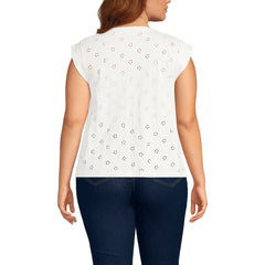 Women's Plus Size Cap Sleeve Eyelet Pintuck Swing Top
