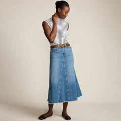 Women's Petite Soft Denim Godet Midi Skirt