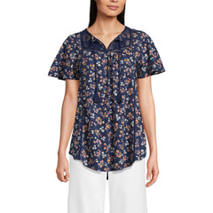 Women's Slub Flutter Sleeve Lace Trim Notch Neck Tunic Top
