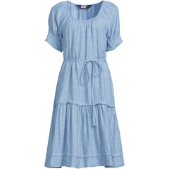 Women's Petite Puff Sleeve Pleated Linen Knee Length Dress