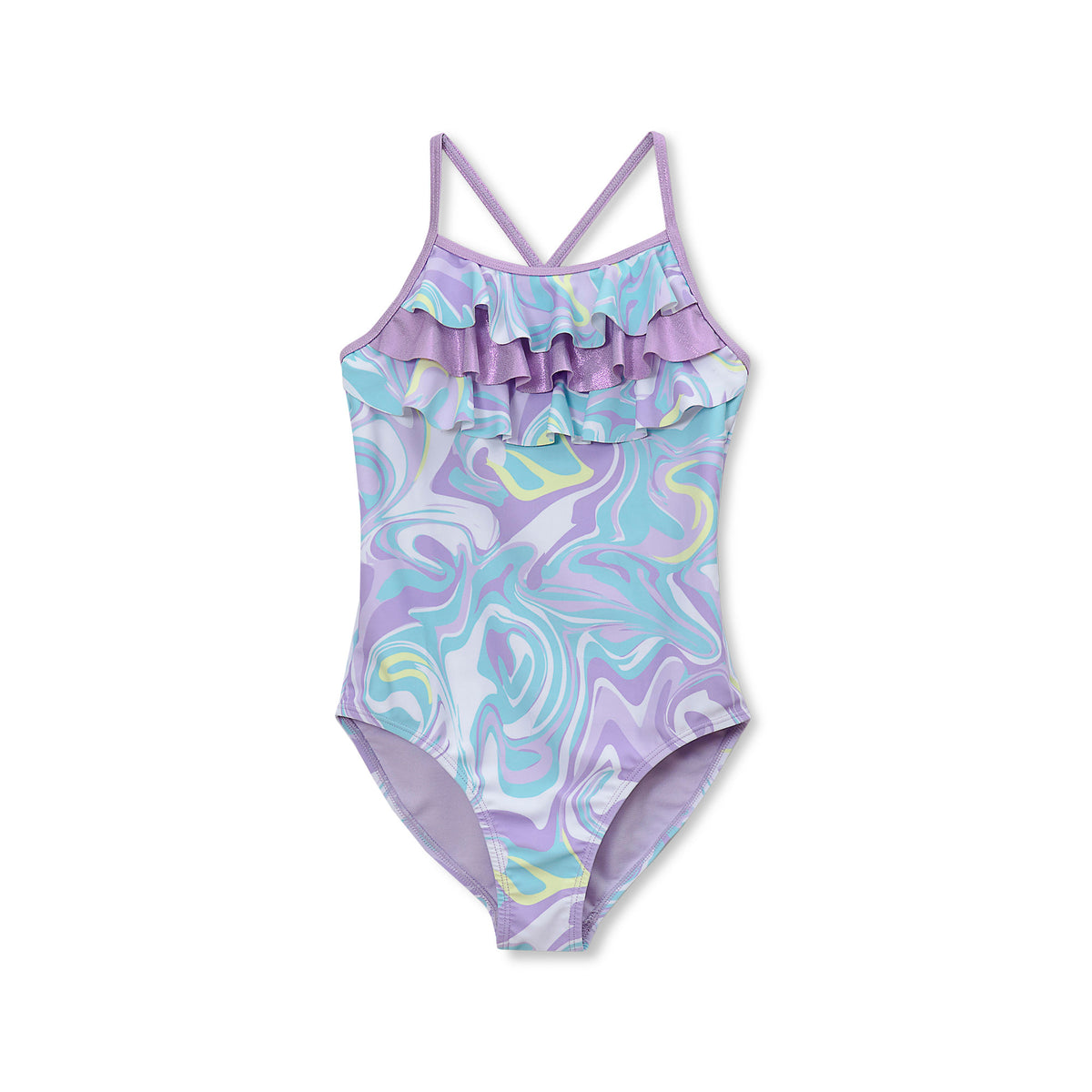 Girls Chlorine Resistant X-Back Ruffle One Piece Swimsuit