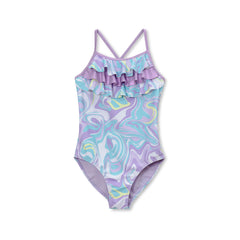 Girls Chlorine Resistant X-Back Ruffle One Piece Swimsuit