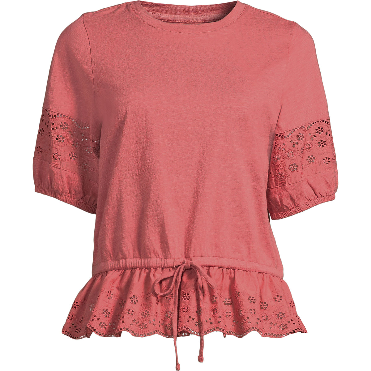 Women's Plus Size Elbow Sleeve Slub Lace Trim Adjustable Hem Top