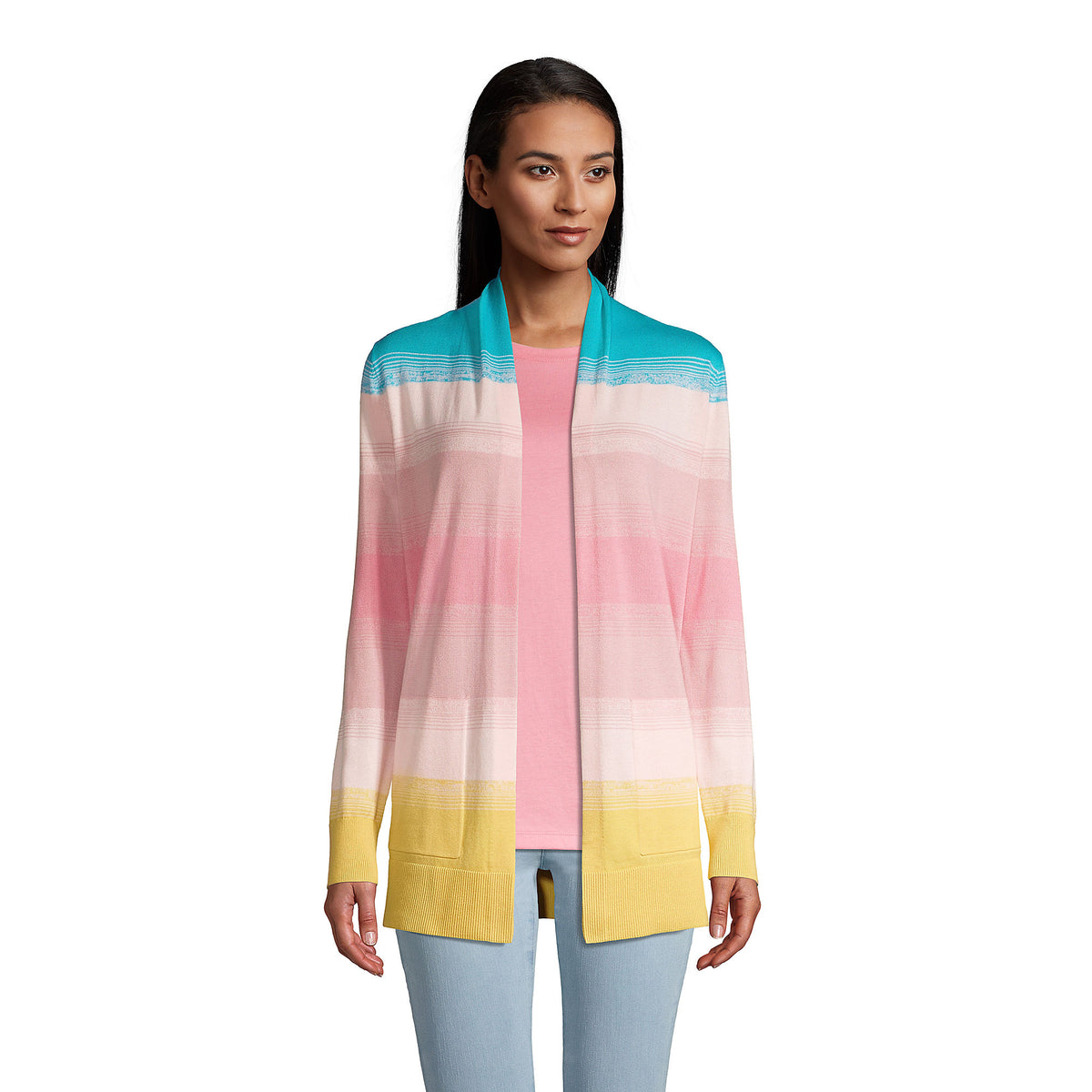 Women's Cotton Open Long Cardigan Sweater - Stripe