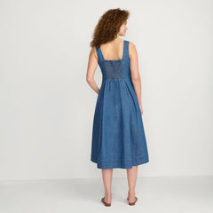 Women's Pleated Square Neck Light Weight Denim Midi Dress