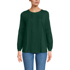 Women's Petite Lightweight Jersey Lace Mix Long Sleeve Pintuck Top