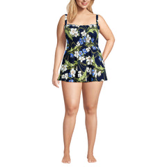 Womens Plus Size Square Neck Smocked Mini Swim Dress